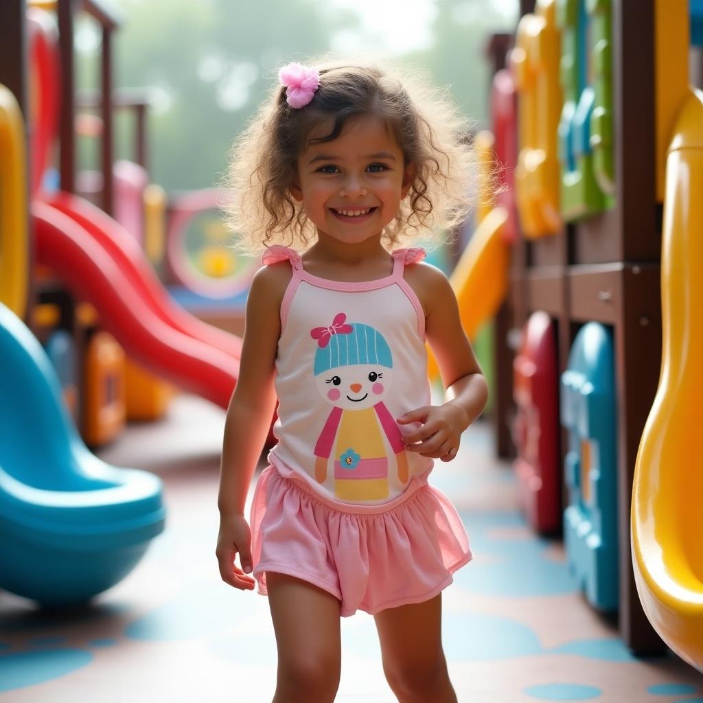 Image features a young girl in a playground. She wears a fitted short dress and a pink diaper. She lifts the hem of her diaper with a smile. The background shows colorful playground equipment.