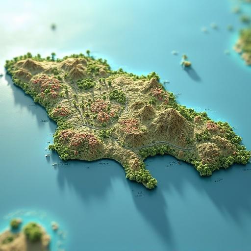 3D representation of a detailed map of Jamaica. Includes streets, cities, and countryside. Emphasizes landscape features and urban layout.