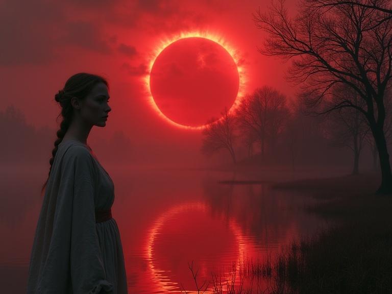 Scene depicts a blood-red solar eclipse over a misty landscape. Woman stands near the water's edge in ancient Slavic clothing looking towards the viewer. The sky is filled with deep crimson tones. The calm water reflects the eclipse and the dark silhouette of trees. An eerie atmosphere surrounds the setting.