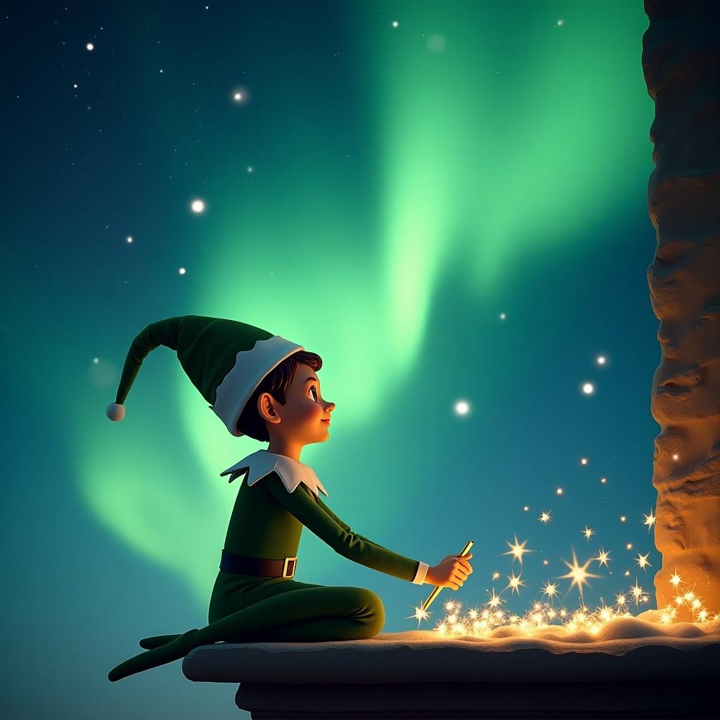 This image depicts an elf from the Elf on the Shelf tradition, named Vincent, sitting on a snowy ledge. He is busy writing in the snow with a magical spark of light surrounding him. Behind the elf, the sky showcases stunning northern lights in vibrant greens and blues. The scene evokes a sense of wonder and holiday magic. The elf's expression reflects joy and excitement as he engages in his festive task.