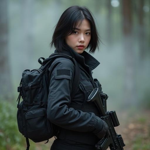 Image of a female soldier in a dynamic action pose. She is wearing a black tactical uniform and carrying military equipment. The scene is set in a wooded area with white smoke. The focus is from the chest upwards, highlighting her determined expression and detailed gear.