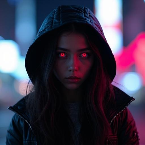 A low angle perspective showcasing a girl wearing a dark hooded jacket. The girl displays red eyes. The atmosphere reflects confidence. Surrounding neon lights create a moody urban backdrop. The image conveys a sense of being a hacker mastermind.