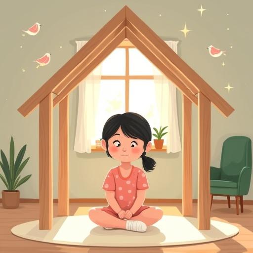 Flat-style illustration of a cozy indoor wooden playhouse. A happy girl sits cross-legged inside. The playhouse has five wooden poles. Sunlight filters through a window. A green chair is in the background. Dreamy elements surround her. The atmosphere is warm and magical.