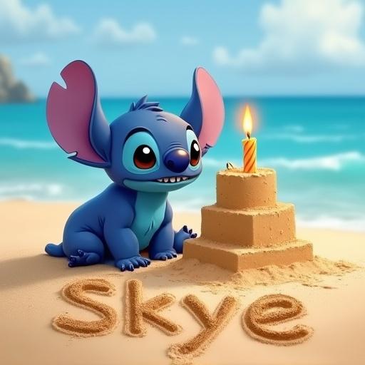 Stitch character sitting on the beach with a sand castle having a candle on top while the name Skye 5 is written in the sand. Indicates a birthday party theme.
