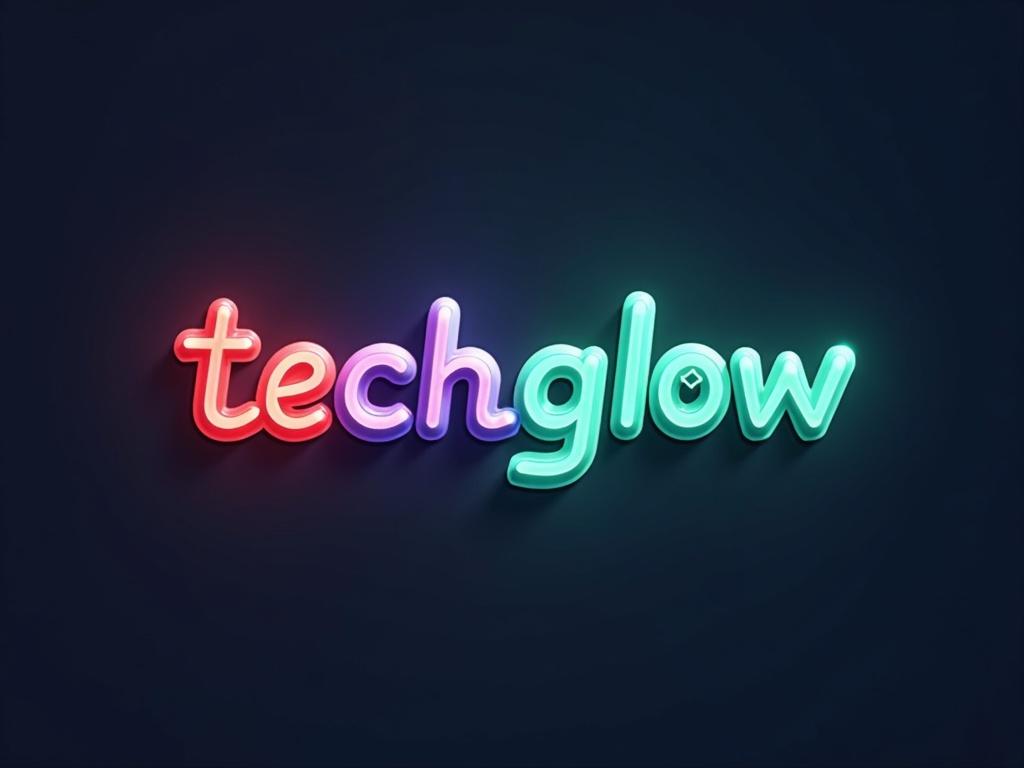 A minimalist logo design for techglow with a modern aesthetic featuring stylized text. The letters flow in a continuous line with a 3D effect. The color transitions from red to light blue to green. The 'o' is represented by a globe icon. The design includes shadows and highlights for depth and is centered on a transparent background with a blue dot at the end of 't'.