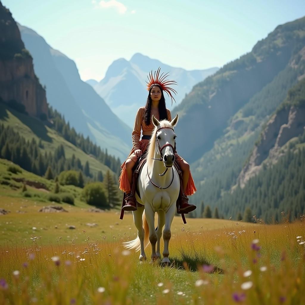 A woman in traditional attire sits confidently on a white horse in a meadow. The meadow is surrounded by towering mountains. Natural light bathes the scene, highlighting vibrant clothing and lush greenery. The image conveys harmony and freedom, showing a deep connection between rider and horse.