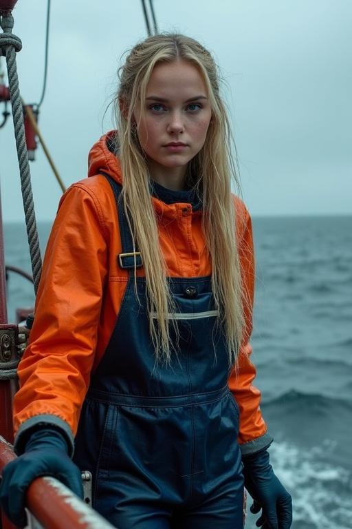 Young woman with long blonde hair in pigtails. She wears an orange mackintosh hooded jacket, navy blue latex dungarees, black trousers and gloves. She is on a fishing boat with a rough sea. It's raining heavily and she is soaked.