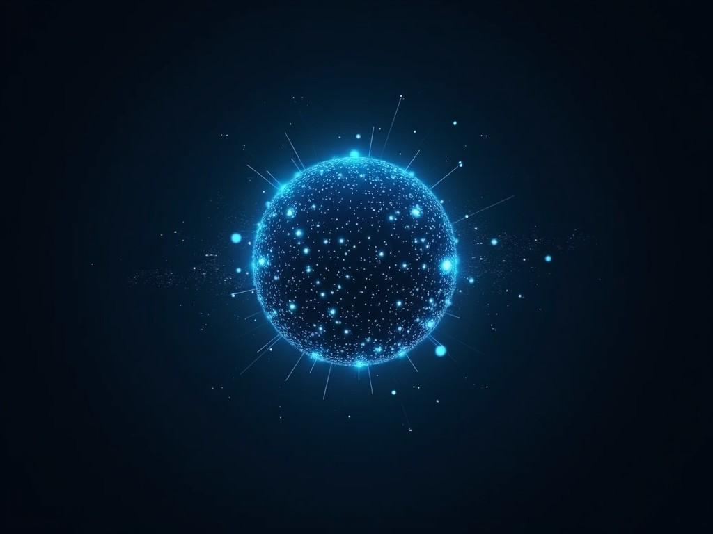 The image shows a glowing blue sphere surrounded by smaller light points and sparks, set against a black background. This abstract representation evokes a sense of the universe or digital technology. The sphere appears to radiate light, illuminating the small particles around it. The overall ambiance is futuristic and sophisticated. Such visuals could be used in various contexts, such as educational or promotional material.