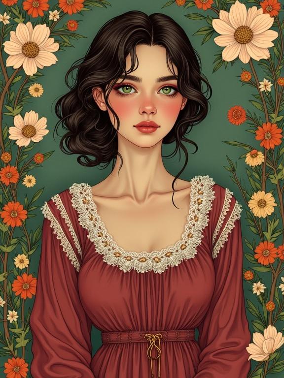 3d See-Through illustration in the style of Alphonse Mucha. German woman with round chin and gentle build stands in vibrant flower garden. Wavy dark hair and green eyes. She wears a flowing burgundy dress with lace details. Her posture is graceful with direct gaze. Background features stylized flowers and foliage. The artwork has a romantic feel with soft warm light highlighting details.