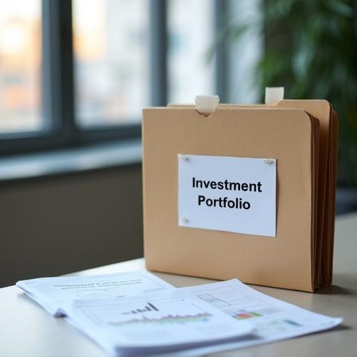 Realistic closed office folder labeled Investment Portfolio. Clean desk with financial papers. Soft lighting from windows. No people in the scene.