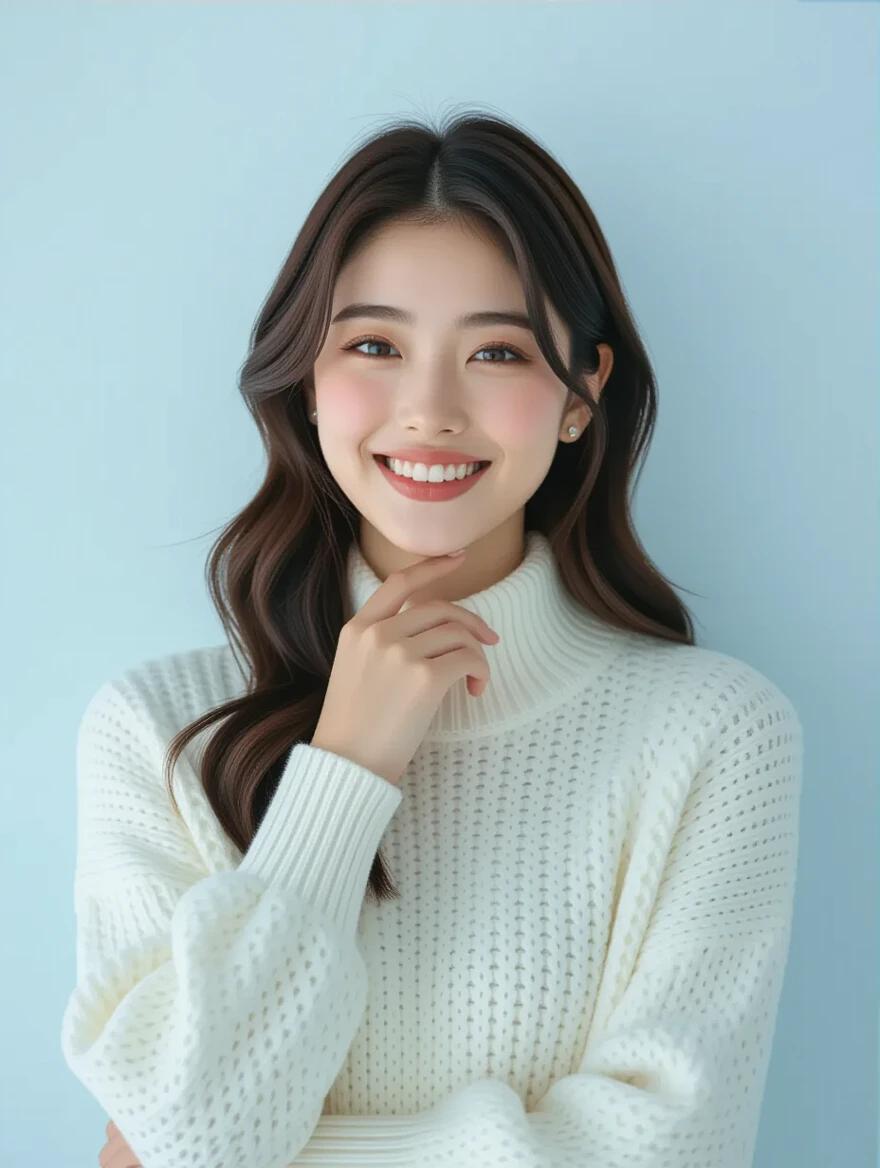 A young 18 years old Japanese slim female model is looking at the camera. She has fair and rosy skin. She has shoulder-length dark hair that is slightly curled inward. She is wearing a modern fashionable white long-sleeve shirt with layers and a waist belt and a patterned short shawl. One hand gently touches her chin. The background is a very bright and wide abstract blue with floating large curved glass decorations focused on the eyes. The image is shot in ultra-wide angle.