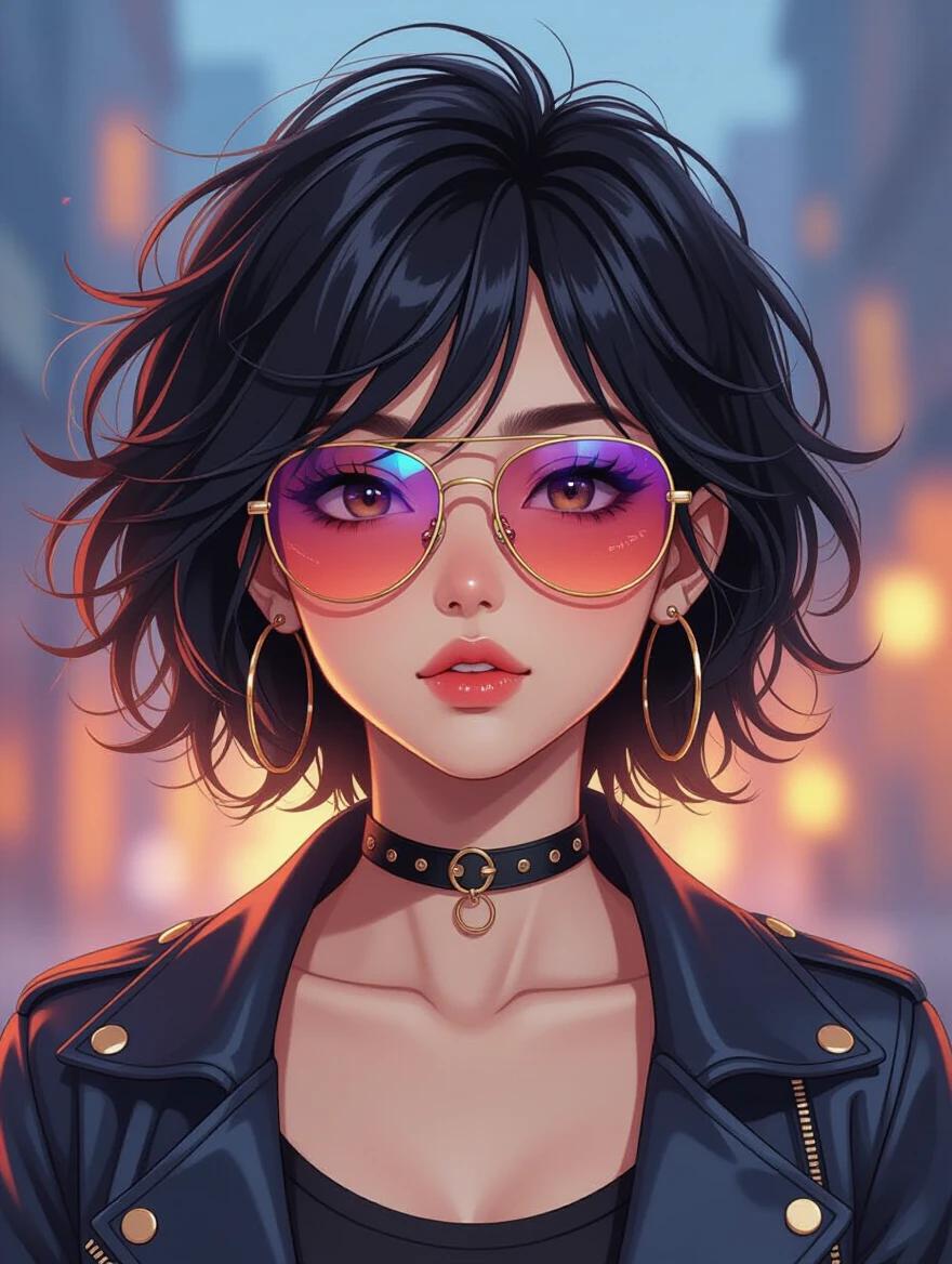 Vibrant anime portrait of a young woman with messy black hair and funky sunglasses. The lighting is dramatic, creating a colorful background. Highly detailed features highlight her style and uniqueness.