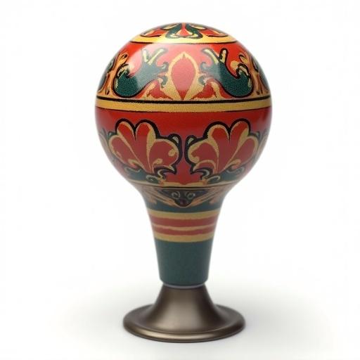 Photorealistic isolated image of a 1970s custom shifter knob on a transparent white background. Neutral lighting highlights vibrant patterns and details. Rendered in game-ready quality with sharp depth of field.