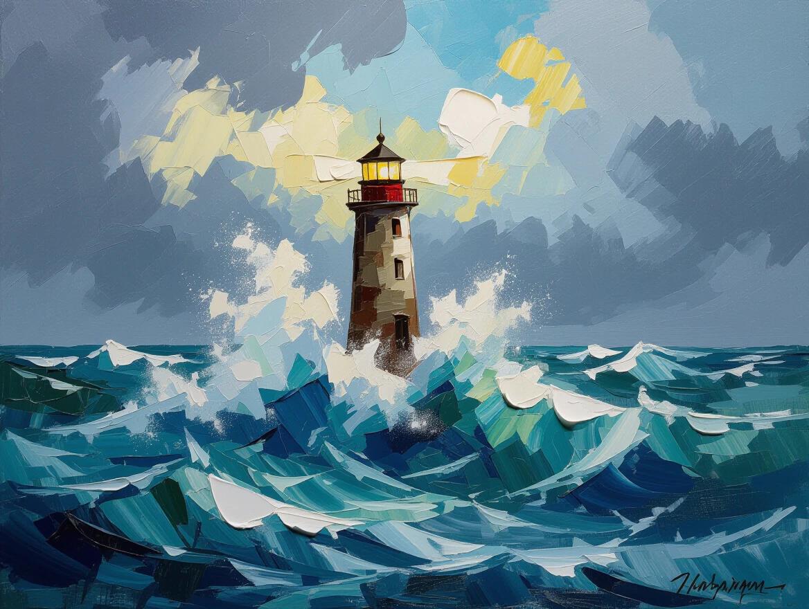 Lighthouse stands in violent storm. Waves crash around it. Thick paint creates texture. Bright colors depict drama. Sky filled with clouds. Light shines from lighthouse. Ocean appears turbulent.