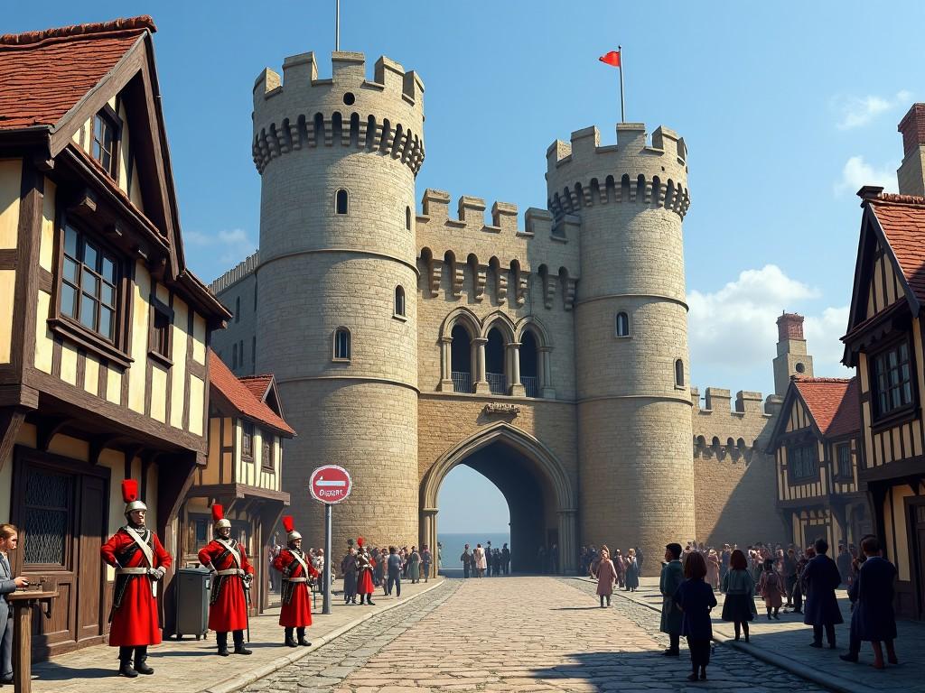 The image depicts a medieval castle with two large towers, complete with a flag flying high. In the foreground, guards in red uniforms stand at attention, watching over a bustling market street populated with townsfolk. The architecture of the buildings around reflects traditional medieval styles, with timber framing and stone walls. The sky is bright and blue, adding to the vibrant atmosphere of the scene. This setting could be used in various creative projects, showcasing life in a historical or fantasy context.