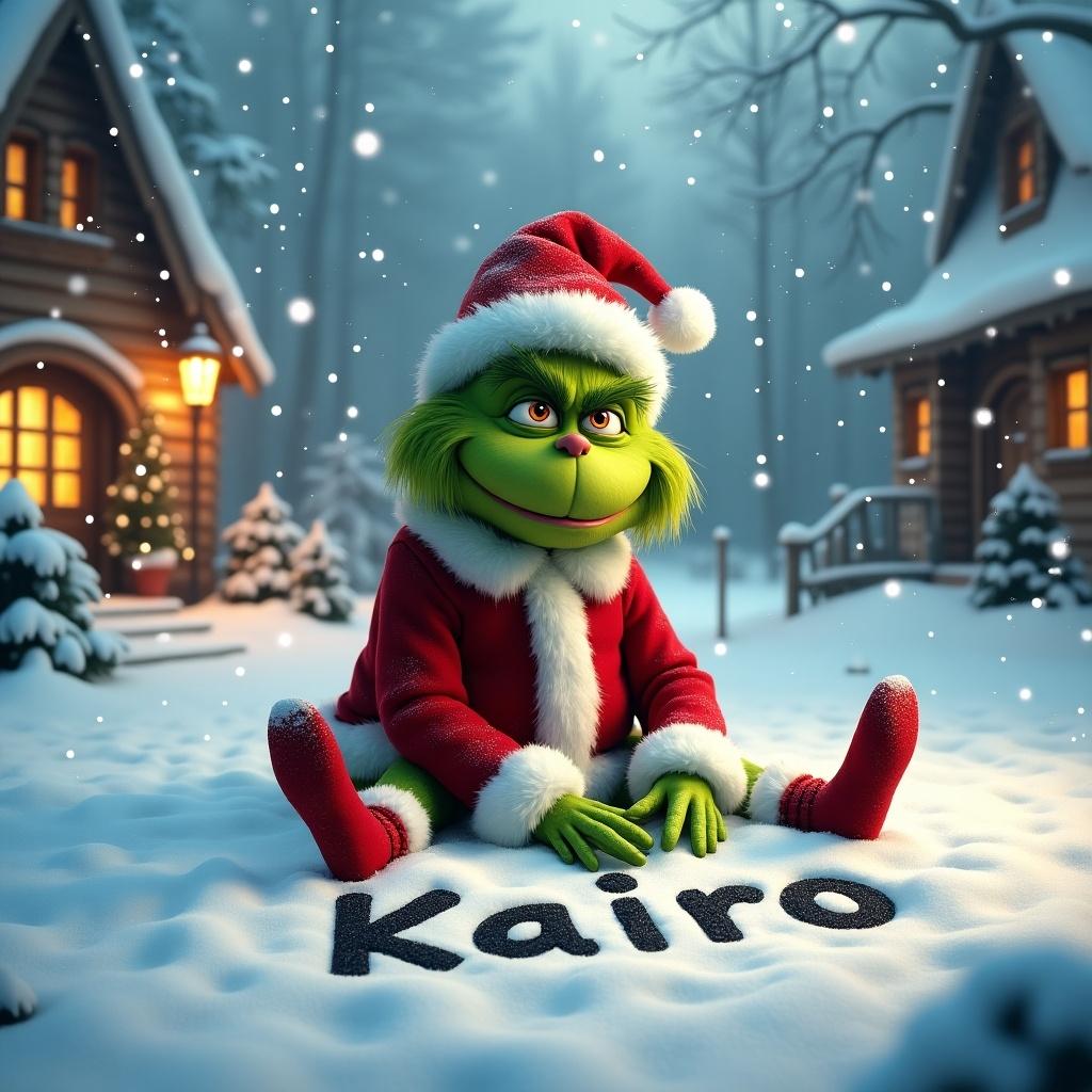 Grinch in Christmas outfit sits in snowy landscape happily writing Kairo in snow. Snowflakes fall around him. Cozy cottages with warm lights nearby enhance festive atmosphere. Captures creativity and holiday spirit.