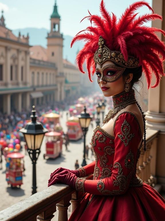 Princess with feathered headdress and Venetian mask on a balcony. Below, a vibrant plaza with carnival floats, balloons, and confetti. Antique lampposts cast shadows.