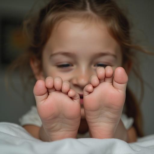 Close up of feet with hands positioned against them. Smiling child appears to be playing in a warm cozy setting. Soft light illuminates the scene.