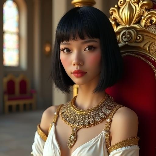 A regal figure sits on a luxurious throne in a medieval palace. The subject is dressed in a white gown with golden embroidery and a wide jeweled necklace. The ornate background features stone columns and stained glass windows. The lighting is realistic with cinematic shadows. Silky black hair and striking makeup enhance the subject's beauty.