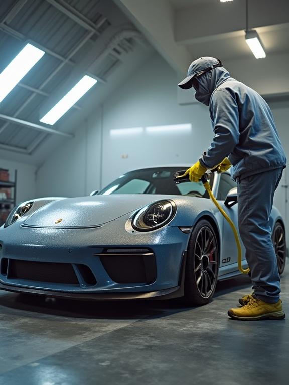 A person using a spray gun to detail a Porsche car in a garage setting. The person is dressed casually and wears gloves. The car is light blue with a sleek design. Bright lights illuminate the space.
