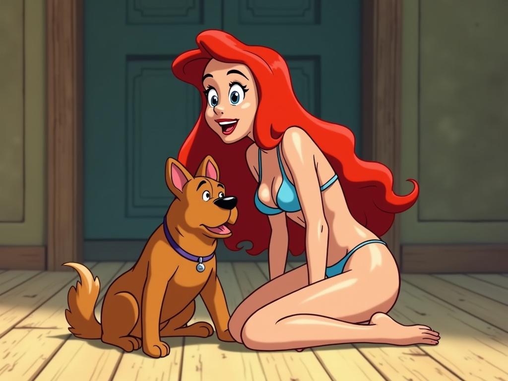 Cartoon scene depicts a woman in a bikini sitting on the floor beside a dog. The woman has long red hair and is playfully interacting with the animated dog. The setting is bright and vibrant with a warm atmosphere. The dog has a friendly expression and is looking up at her.