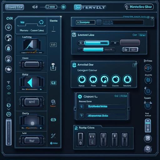 3D rendering of a computer monitor showing a blue user interface. The interface has checkboxes and text fields. Simple and modern design.