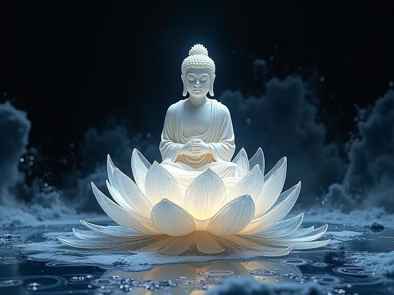 A crystal Buddha statue seated on a luminous lotus in a dark setting. Surreal and elegant, low-angle perspective with a calm and serene atmosphere. High-resolution image detailed with vibrant colors and soft lighting.