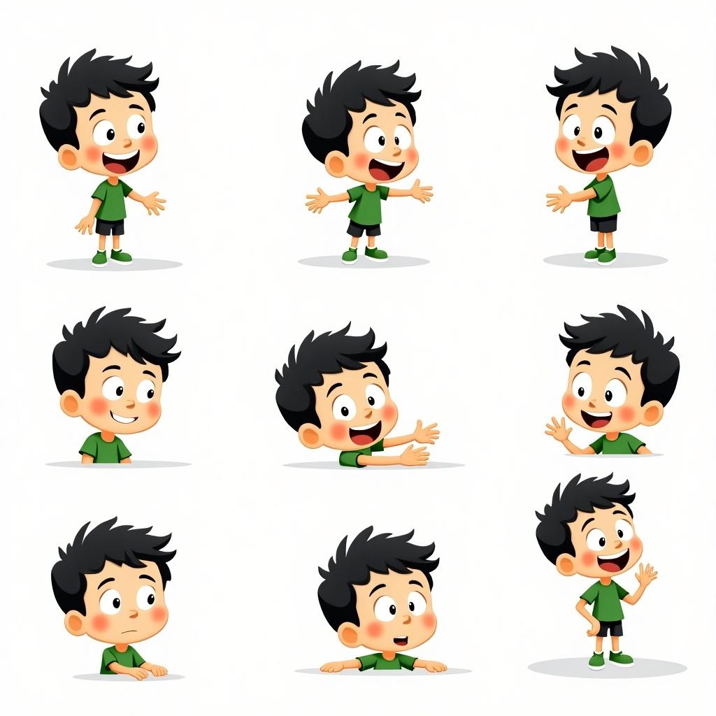 Cartoon boy with dark hair wearing green shirt and shoes shows various cheerful facial expressions.