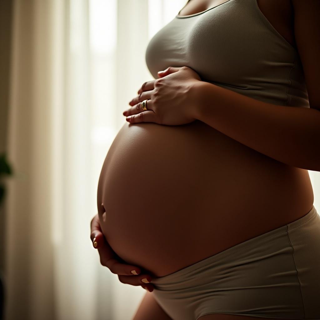 Pregnant person cradles belly with gentle hands. Soft light fills the room. Serenity characterizes the atmosphere.