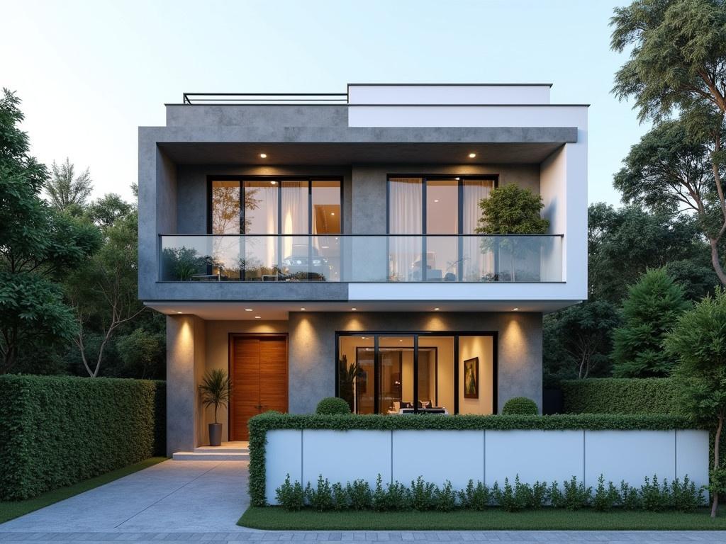 A modern residential house with a combination of concrete and white facade. The structure has a clean, minimalist design, featuring large windows that allow plenty of natural light to flow inside. The upper floor has a balcony with a glass railing for an open view. Lush greenery surrounds the entrance, enhancing the feeling of tranquility. The front yard is well-maintained with a low white fence separating it from the street. Soft lighting highlights the house’s architectural features during the evening.