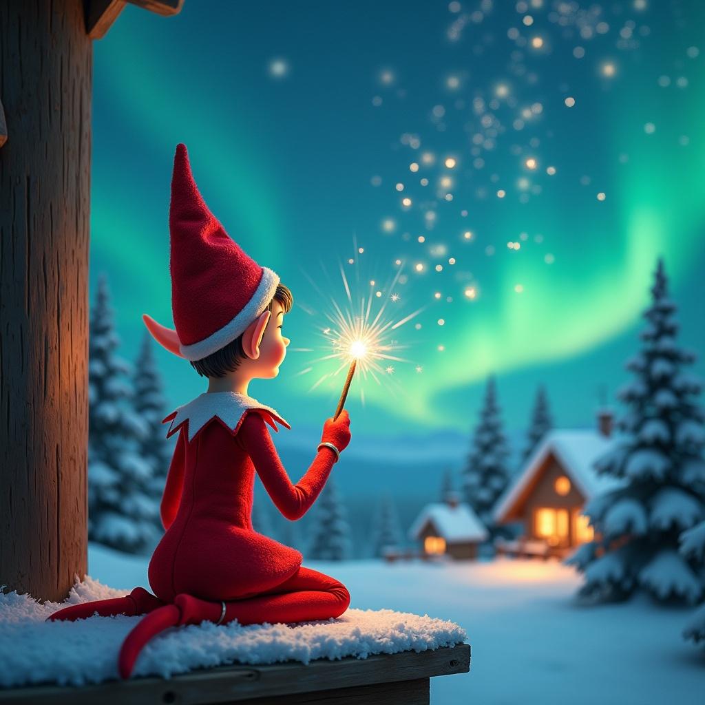 Elf on a wooden ledge gazes at a magical sky. Elf wears red outfit and pointed hat. Elf holds sparkly wand. Charming houses and evergreen trees under Northern Lights. Whimsical scene captures childhood magic and Christmas cheer.