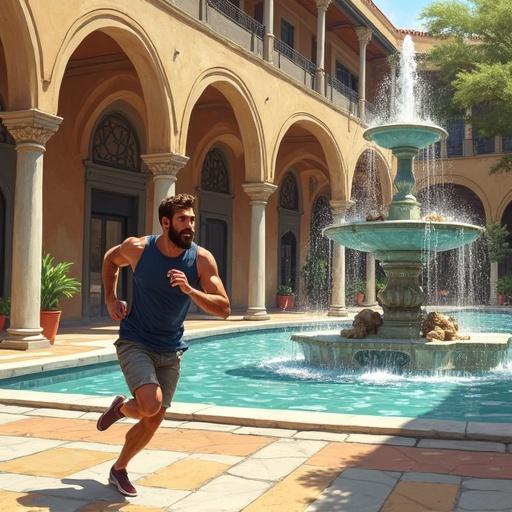 A bearded man sprinting alongside a marble fountain courtyard under Renaissance archways. The style features clean comic-book lines and soft painterly shading.