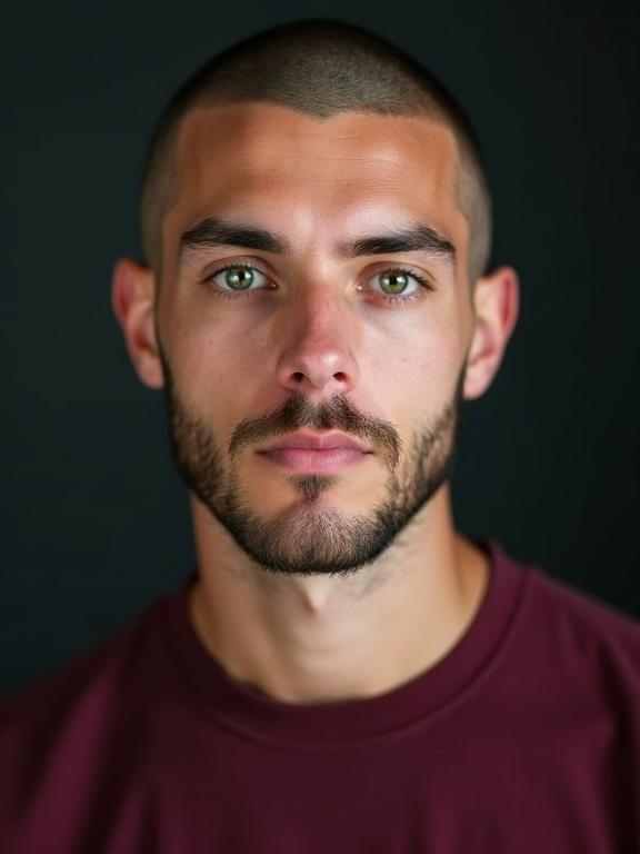Studio portrait photograph captures young man with bright green eyes short beard closely shaved head. He wears deep burgundy t-shirt complements good complexion.