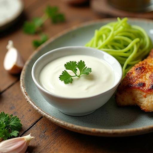 High resolution image of perfectly presented keto meal. Focus on food presentation only. Rustic wooden table with bowl of creamy garlic sauce. Smooth sauce with garlic flecks. Keto-friendly ingredients like whole garlic cloves and fresh parsley. Bright green noodles and grilled chicken. Natural daylight illumination. Modern minimalist design reflecting keto blog identity. Visually appealing with intricate details.