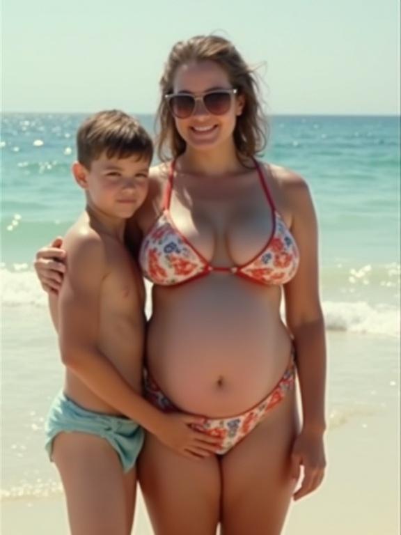 Family photo capturing a pregnant woman in a bikini at the beach. A shirtless boy hugs her waist. Bright sunlight and ocean in the background. Relaxed summer vibes with natural colors.