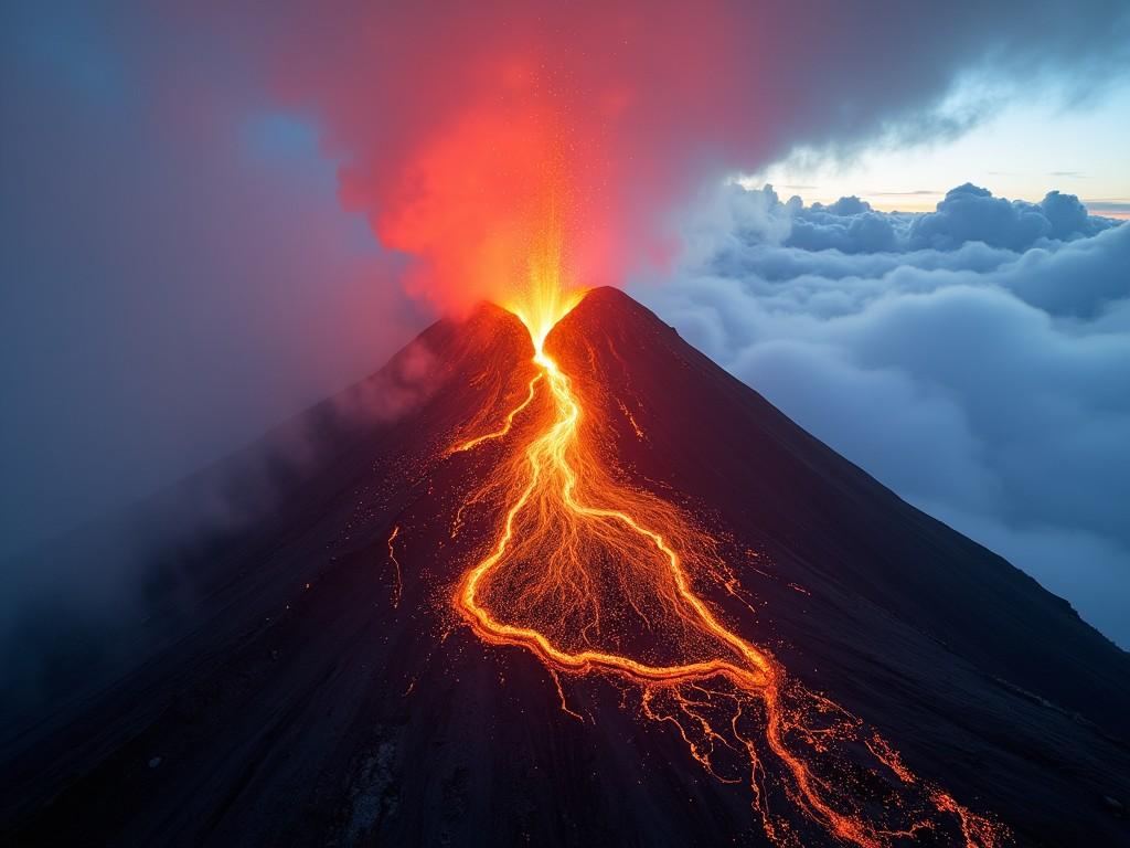 A breathtaking view of a volcano erupting, with molten lava cascading down the side. The sky is filled with dramatic clouds that enhance the fiery glow from the eruption. The contrast of red and orange lava against the dark volcanic rock creates a striking visual. This scene captures the raw power of nature in stunning detail. It's set at twilight, highlighting the beauty and danger of volcanic activity.