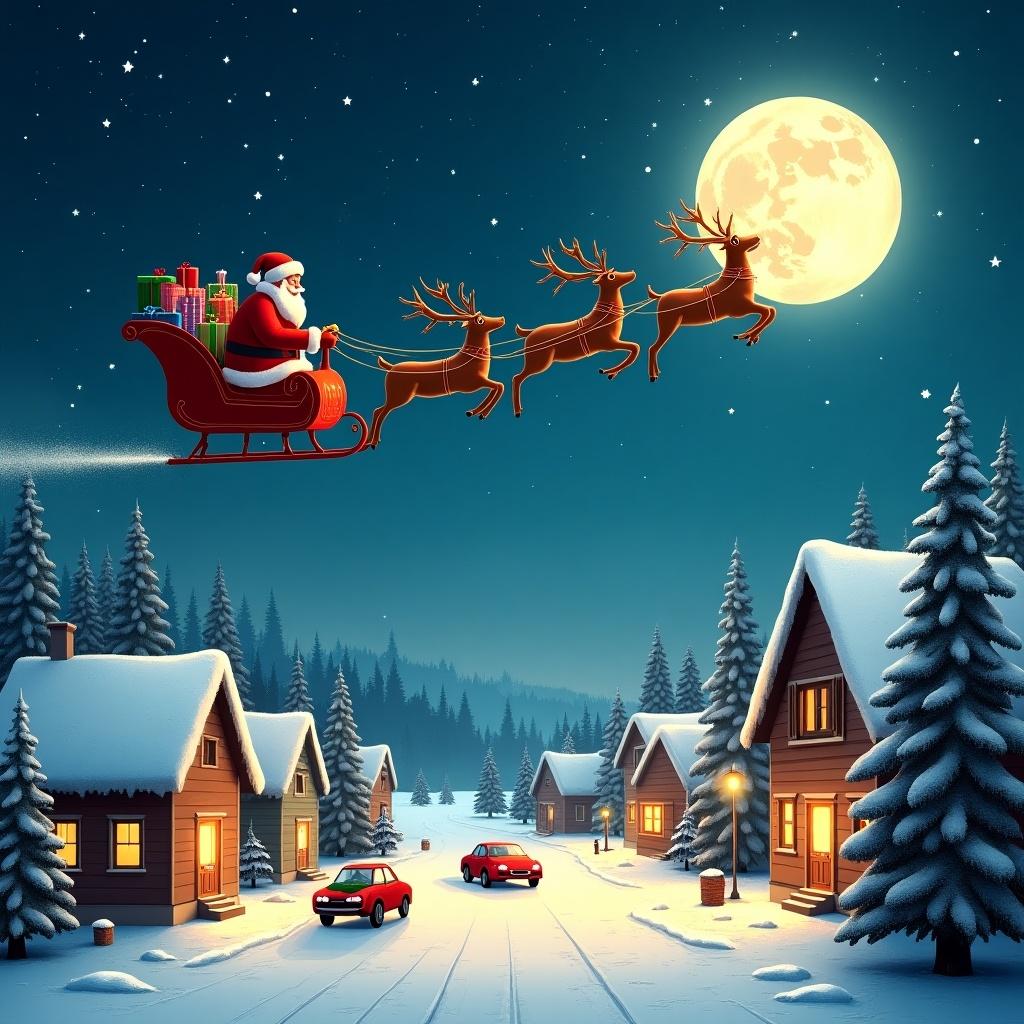 Santa drives a sleigh pulled by reindeer in a snowy landscape at night. Scene includes a small town with decorated buildings, warm lights, Christmas trees, and cars driving home. Moon is in the top right corner, stars are in the sky, and presents are in the sleigh.