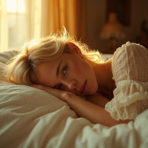 Cinematic portrait of a woman resting in a bed. The scene is intimate and tranquil. Soft white linens surround her. Vintage amber lighting fills the room. Shadows dance on the walls. There is a breezy feel from an open window. Dust specks flutter in the warm light. The atmosphere is dreamy and magical.