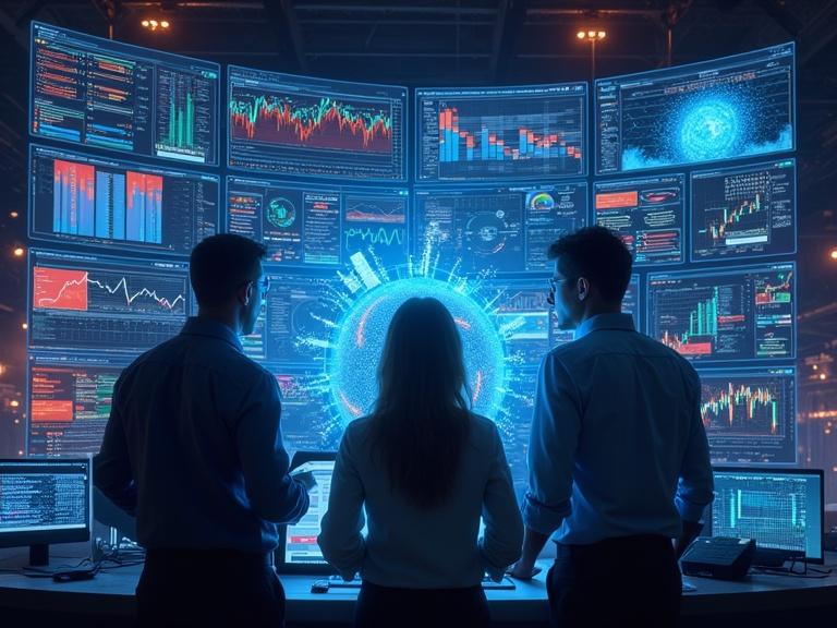 Vibrant futuristic scene. Human analysts and AI systems interpreting layered financial dashboards. Neural network visualizations and glowing predictive charts are featured. Setting is a high-tech control center.