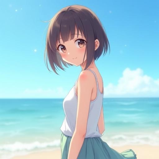Portrait of a cute Japanese girl standing on the beach. She has short brown hair and is wearing a white sleeveless top and a frilled skirt. The girl is smiling and leaning slightly forward, with a blue sky and ocean in the background. The image is photorealistic and high-quality.
