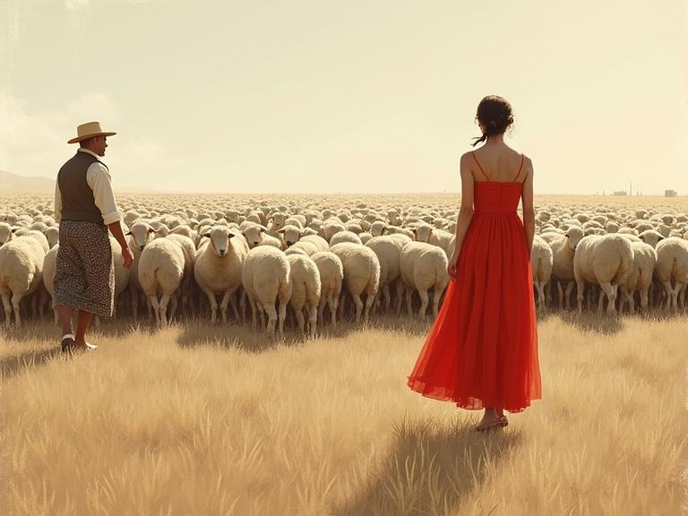 Illustration of a woman in a red dress beside a man leading sheep. Woman stands in foreground with back turned. Man wears traditional attire, confidently walking. Background filled with sheep. Soft lighting creates serene atmosphere. Explore contrast between individual and collective.