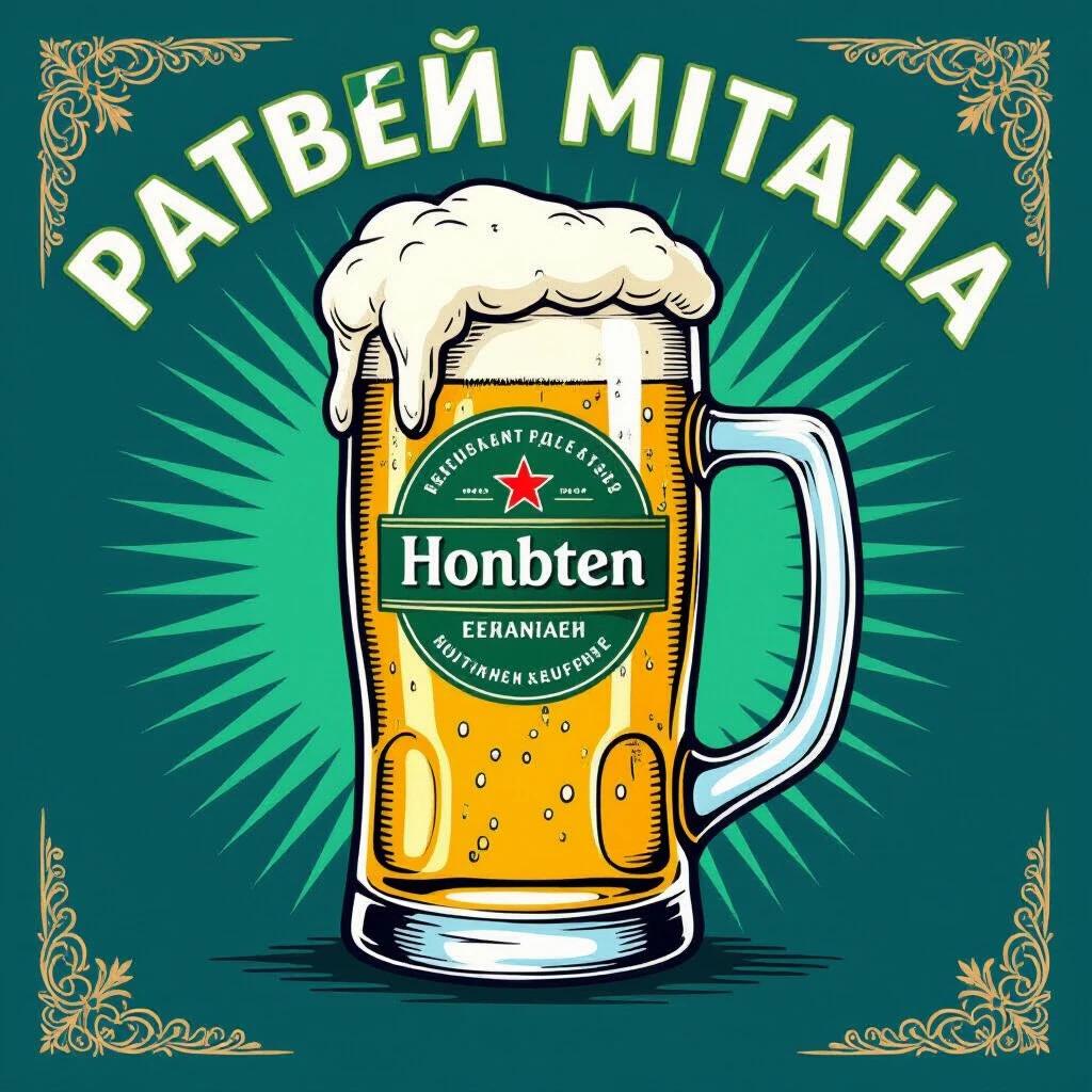 A colorful illustration of a beer mug filled with frothy beer. The mug features a label with the name Honbten. The background uses a radiant green color with star patterns.