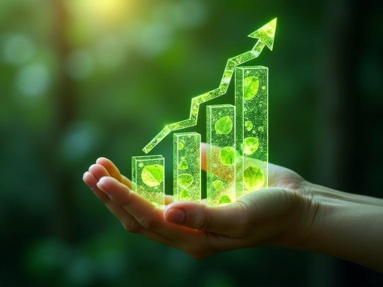 Scene showing a hand holding a translucent bar graph with leaf textures. An arrow indicates growth toward 2026. Elements suggest fusion of finance and environmental innovation.