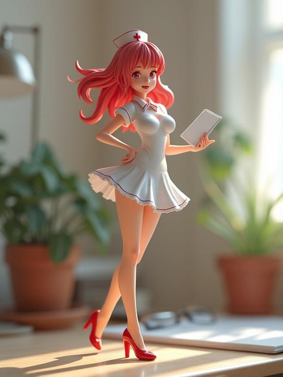 Anime figurine of a nurse wearing high heels. Figurine positioned on a desk. Soft light illuminates the scene. Figurine has flirty pose and stylish outfit.