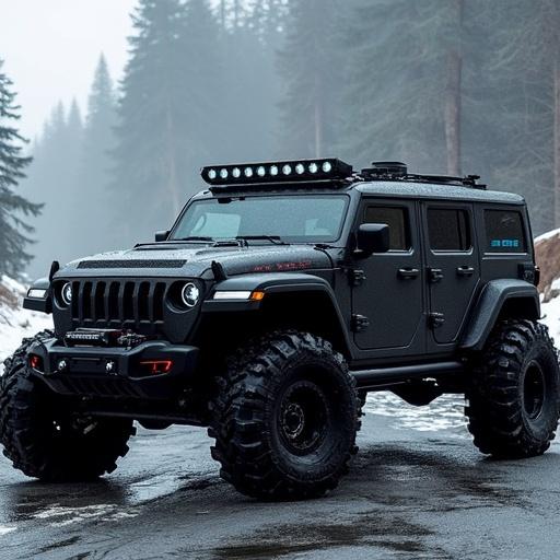 Cyber-off-road SUV with armored features and hydrogen fuel-cell technology. Powerful vehicle with sonic pulse emitter and solar-absorbing paint. Designed for adventure and wilderness use. Features advanced suspension system for varying requirements.