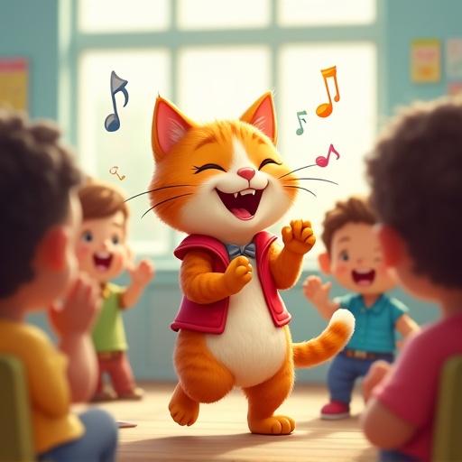 A semi-realistic digital illustration featuring a cheerful anthropomorphic cat as a preschool teacher. The cat is dancing and clapping hands in front of children. Joyful energy is depicted with colorful musical notes surrounding the scene in a lively classroom.