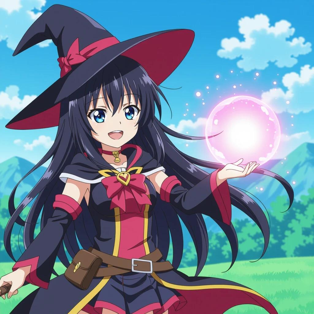 Character wearing a witch costume holding a glowing orb in a colorful landscape. Background features bright blue sky with fluffy clouds and green hills.