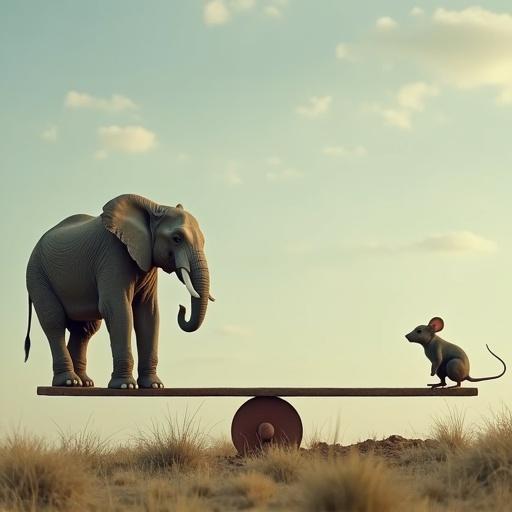 An elephant on one side of a seesaw with a mouse on the other side. The background has a clear blue sky and subtle grass.