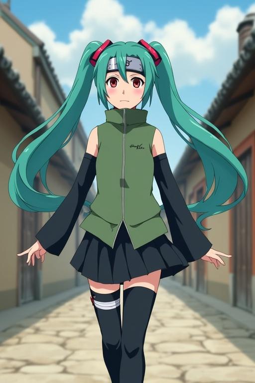 Character displayed wearing a green ninja uniform of Hidden Leaf Village Walking down a street in Hidden Leaf Village Singing and dancing with joy