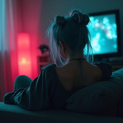 Hatsune Miku character in her thirties appears burnout and disillusioned. Sits on a couch in a dim room staring vacantly at an unseen TV. The light projects soft colors onto her and the room. Character is dusty and hair looks slept on.
